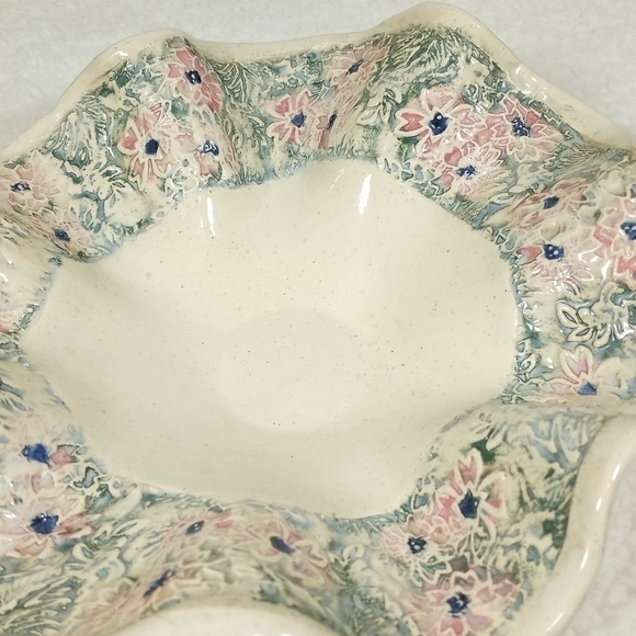 Hand Spun Pottery Bowl Raised Flower Design by D.K. Mc Bride Pottery - Picture 5 of 9